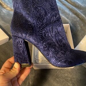 Who What Wear Navy Embossed Velvet Block Heel Ankle Boots